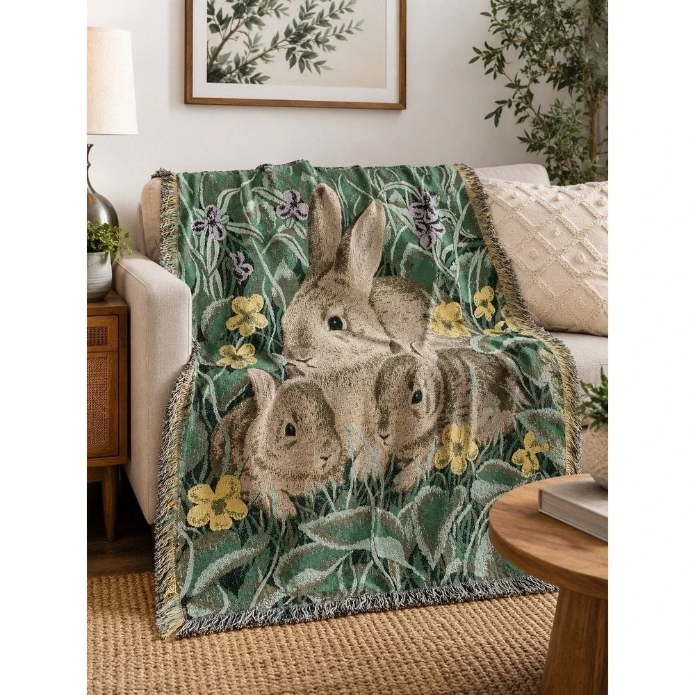 Vintage Woven Bunny Rabbit Tapestry Throw Blanket Fringe Easter Cottagecore